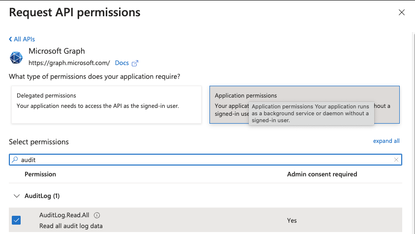 Request API Permissions - MS Graph