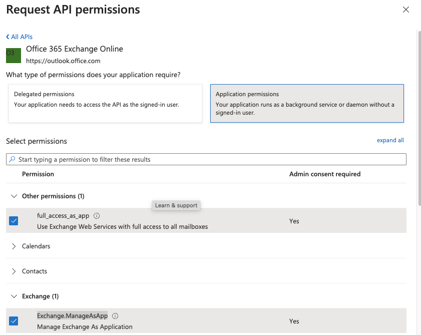 Request API Permissions - Office 365 Exchange Online