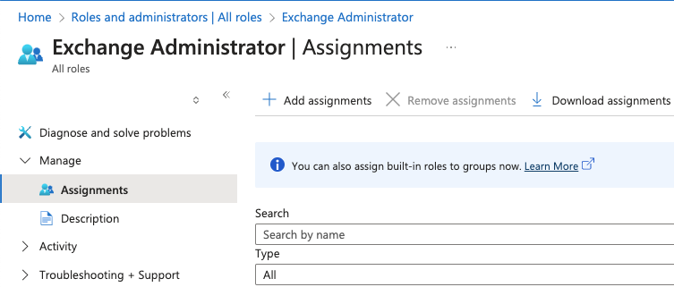 Roles and administrators - Exchange Admin - Assignments