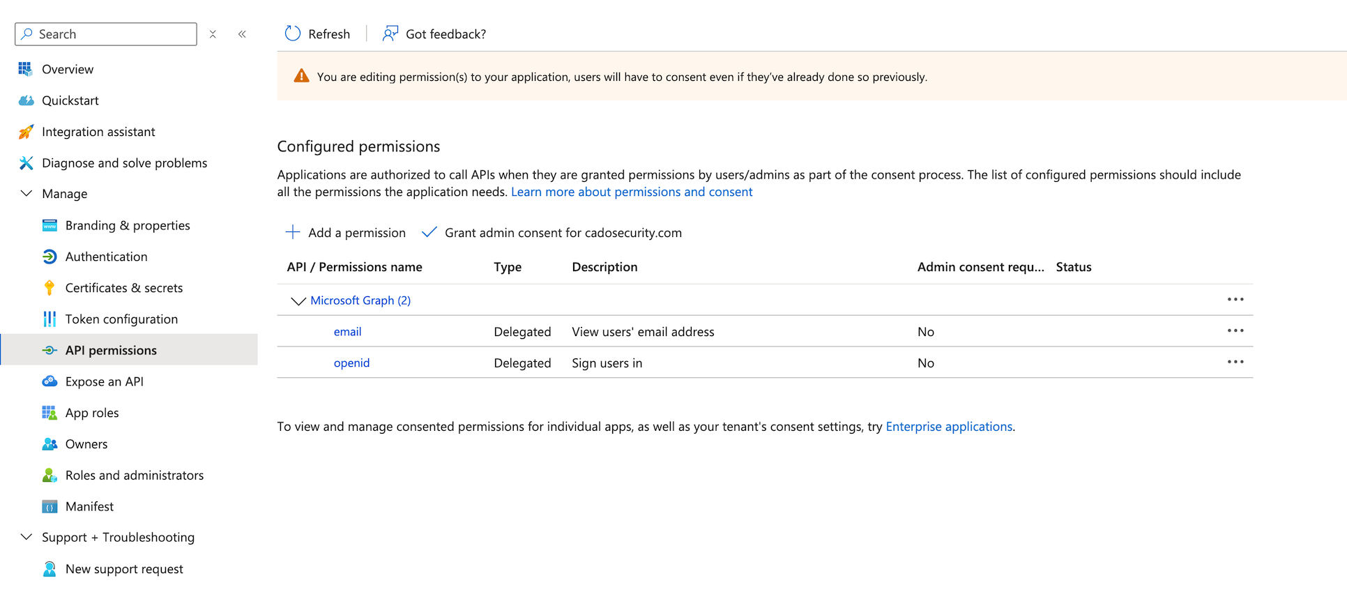 Azure API Permissions page