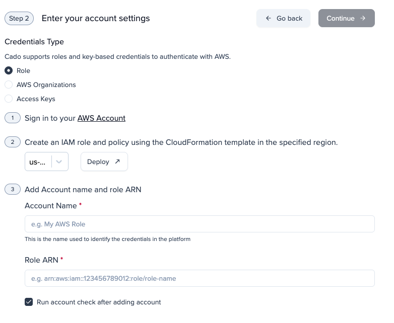Forensic Acquisition and Investigation add AWS account page
