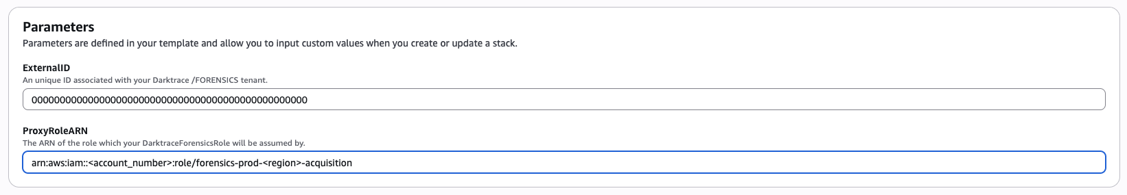 Customer external ID and ARN pre-populated in an AWS CloudFormation stack wizard