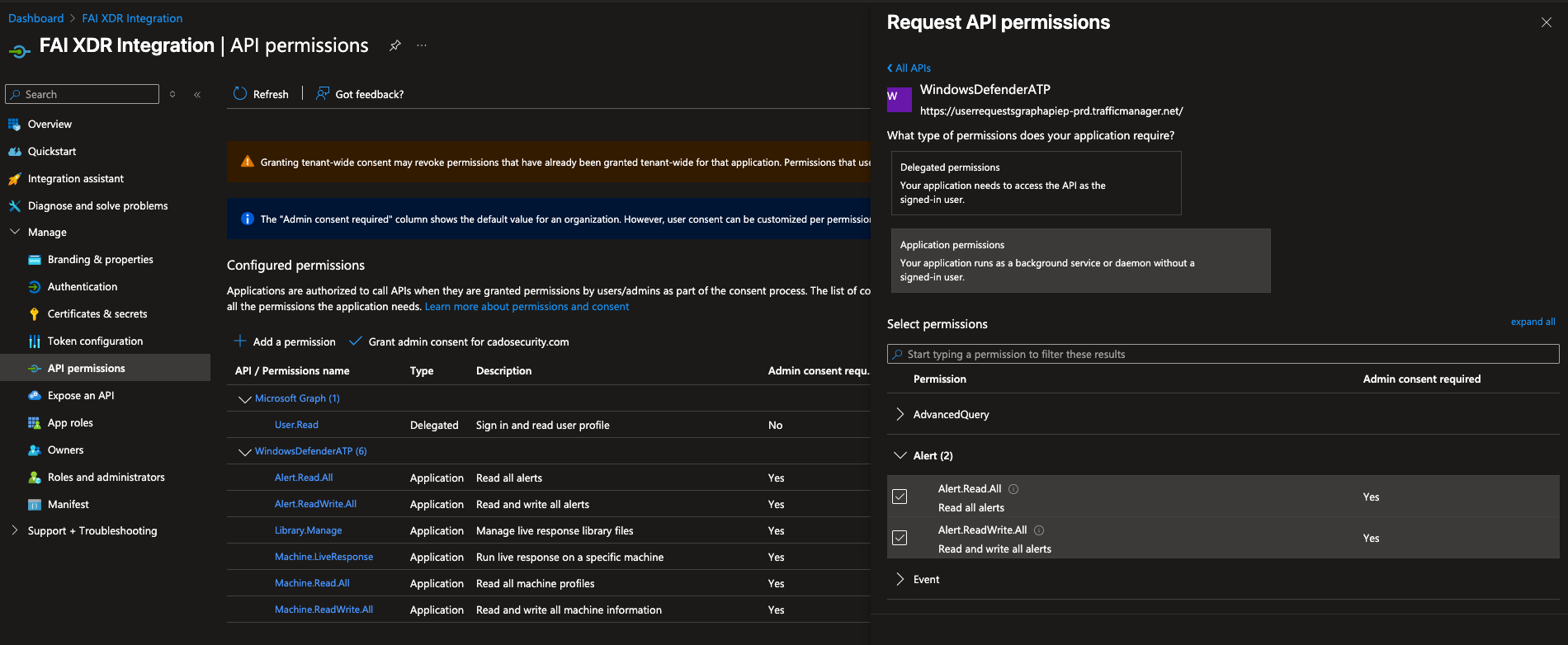 WindowsDefenderATP API Permissions